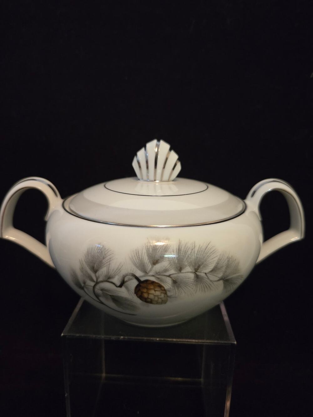 Vintage Kent China Silver Pine Covered Sugar Bowl with Lid Japan MCM
